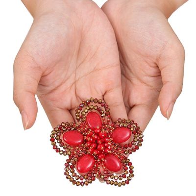 Alternate image for Handcrafted Floral Red Quartz and Glass Beaded Brooch Pin Spring in Love