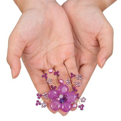 Alternate image for Flower-Shaped Purple Cultured Pearl and Quartz Brooch Pin Petals of Magic