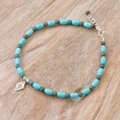 Alternate image for Blue Howlite and Jasper Beaded Anklet with Silver Charm Triangular Bloom in Blue