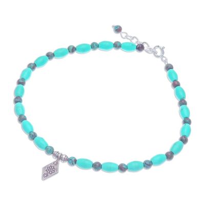 Alternate image for Blue Howlite and Jasper Beaded Anklet with Silver Charm Triangular Bloom in Blue