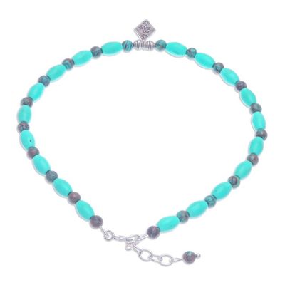 Alternate image for Blue Howlite and Jasper Beaded Anklet with Silver Charm Triangular Bloom in Blue