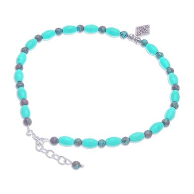 Alternate image for Blue Howlite and Jasper Beaded Anklet with Silver Charm Triangular Bloom in Blue