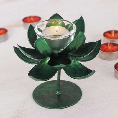 Alternate image for Handmade Lotus-Shaped Metallic Green Steel Tealight Holder Lotus Benison in Green