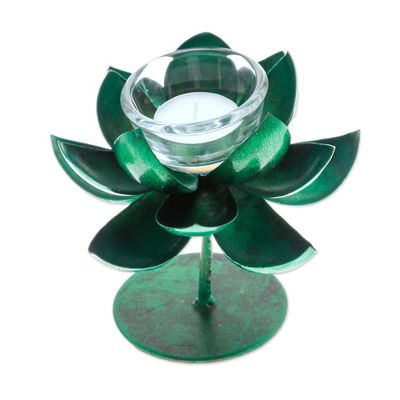 Alternate image for Handmade Lotus-Shaped Metallic Green Steel Tealight Holder Lotus Benison in Green