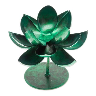Alternate image for Handmade Lotus-Shaped Metallic Green Steel Tealight Holder Lotus Benison in Green