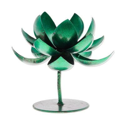 Alternate image for Handmade Lotus-Shaped Metallic Green Steel Tealight Holder Lotus Benison in Green