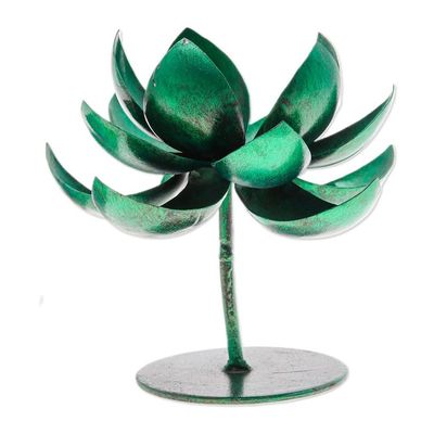 Alternate image for Handmade Lotus-Shaped Metallic Green Steel Tealight Holder Lotus Benison in Green