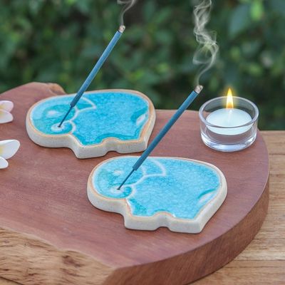 Alternate image for Handcrafted Elephant-Shaped Blue Incense Holders Pair Blue Elephant