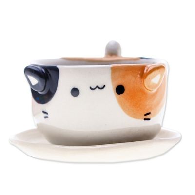 Alternate image for Ivory Orange Black Ceramic Cat Mini Flower Pot with Saucer Kitty Fascination