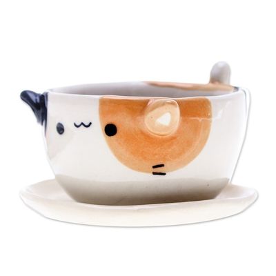Alternate image for Ivory Orange Black Ceramic Cat Mini Flower Pot with Saucer Kitty Fascination