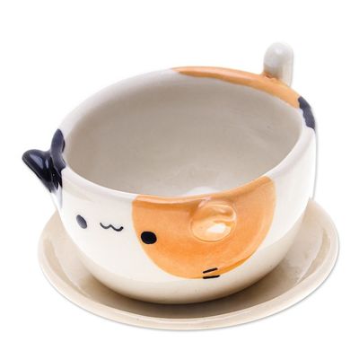 Alternate image for Ivory Orange Black Ceramic Cat Mini Flower Pot with Saucer Kitty Fascination