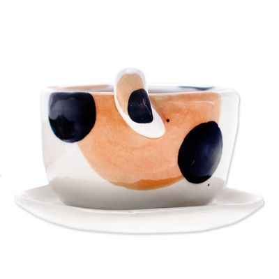 Alternate image for Ivory Orange Black Ceramic Cat Mini Flower Pot with Saucer Kitty Fascination