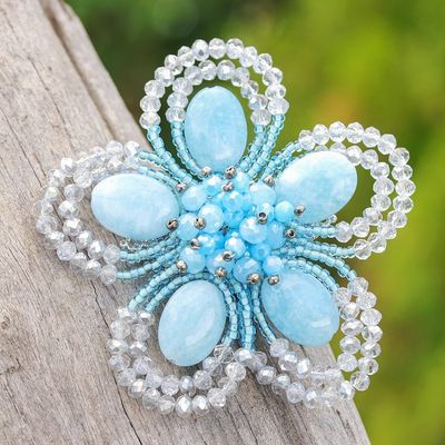 Alternate image for Handcrafted Floral Blue Quartz and Glass Beaded Brooch Pin Spring in Serenity