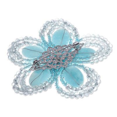 Alternate image for Handcrafted Floral Blue Quartz and Glass Beaded Brooch Pin Spring in Serenity