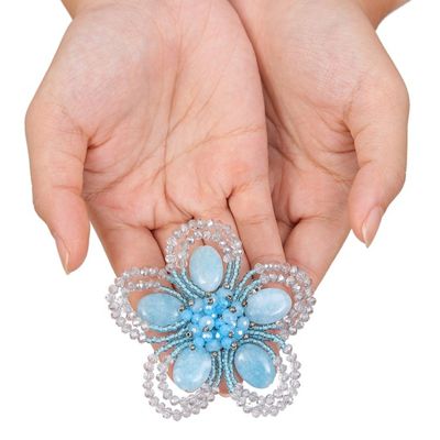 Alternate image for Handcrafted Floral Blue Quartz and Glass Beaded Brooch Pin Spring in Serenity