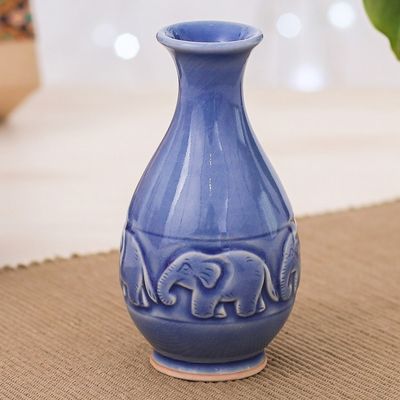 Alternate image for Celadon Ceramic Elephant Vase in Blue Handmade in Thailand Joyful Elephants