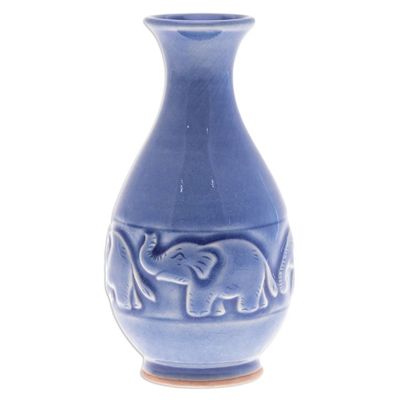 Alternate image for Celadon Ceramic Elephant Vase in Blue Handmade in Thailand Joyful Elephants
