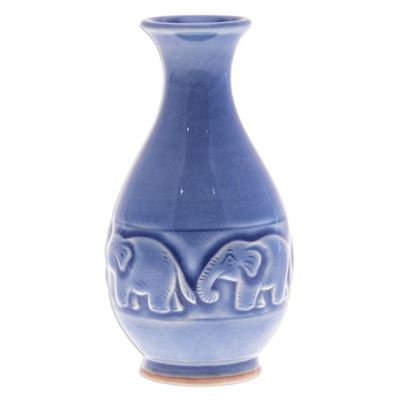 Alternate image for Celadon Ceramic Elephant Vase in Blue Handmade in Thailand Joyful Elephants