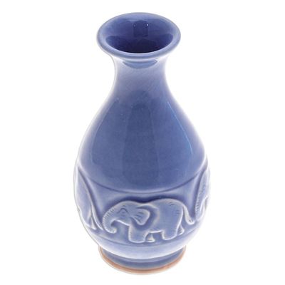 Alternate image for Celadon Ceramic Elephant Vase in Blue Handmade in Thailand Joyful Elephants