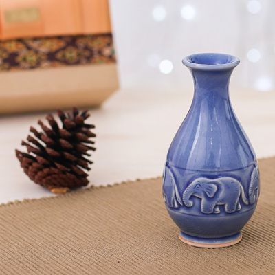 Alternate image for Celadon Ceramic Elephant Vase in Blue Handmade in Thailand Joyful Elephants