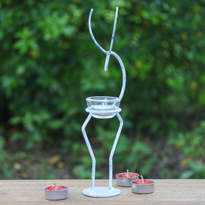 Alternate image for Iron Deer Tealight Holder in White and Blue from Thailand Deer Splendor in Blue