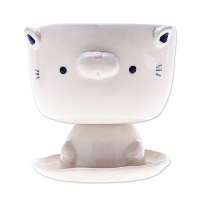 Alternate image for Cat-Shaped Ivory Ceramic Mini Flower Pot with Saucer Endearing Kitty