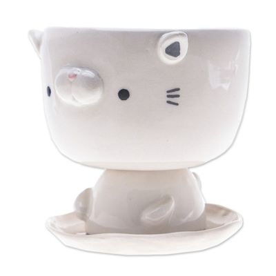 Alternate image for Cat-Shaped Ivory Ceramic Mini Flower Pot with Saucer Endearing Kitty