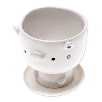 Alternate image for Cat-Shaped Ivory Ceramic Mini Flower Pot with Saucer Endearing Kitty