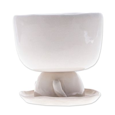 Alternate image for Cat-Shaped Ivory Ceramic Mini Flower Pot with Saucer Endearing Kitty