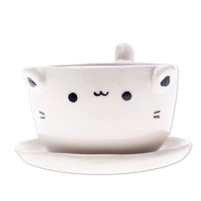 Alternate image for Handcrafted Ivory Ceramic Cat Mini Flower Pot with Saucer Kitty Grace