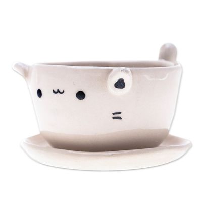 Alternate image for Handcrafted Ivory Ceramic Cat Mini Flower Pot with Saucer Kitty Grace