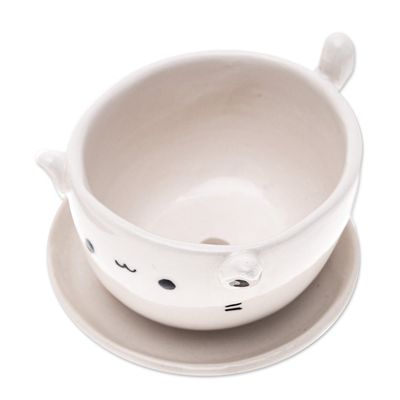 Alternate image for Handcrafted Ivory Ceramic Cat Mini Flower Pot with Saucer Kitty Grace
