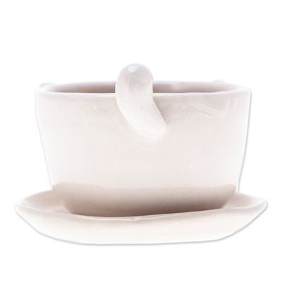Alternate image for Handcrafted Ivory Ceramic Cat Mini Flower Pot with Saucer Kitty Grace