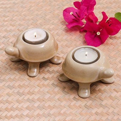 Alternate image for Handmade Turtle Ceramic Candleholders in a Brown Hue Pair Warm Guide