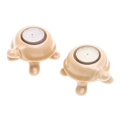 Alternate image for Handmade Turtle Ceramic Candleholders in a Brown Hue Pair Warm Guide