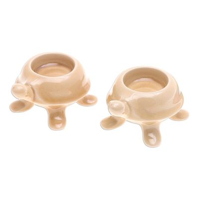 Alternate image for Handmade Turtle Ceramic Candleholders in a Brown Hue Pair Warm Guide