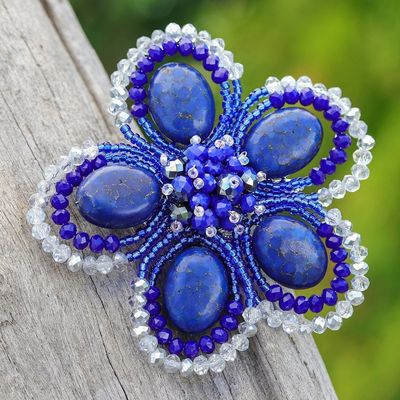 Alternate image for Handmade Floral Dark Blue Howlite and Glass Bead Brooch Pin Spring in Dreams