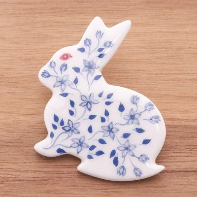 Alternate image for Bunny Rabbit Brooch Pin with Hand Painted Flowers Blue and White Floral Rabbit