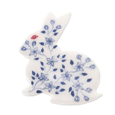 Alternate image for Bunny Rabbit Brooch Pin with Hand Painted Flowers Blue and White Floral Rabbit