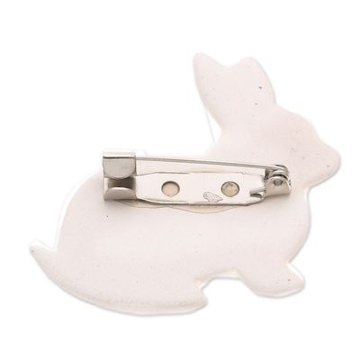 Alternate image for Bunny Rabbit Brooch Pin with Hand Painted Flowers Blue and White Floral Rabbit