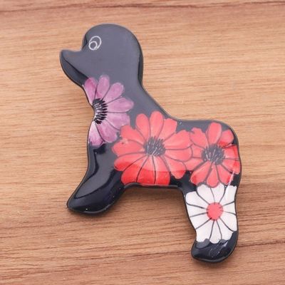 Alternate image for Hand Painted Black Poodle Dog Brooch Pin with Flowers Black Floral Poodle