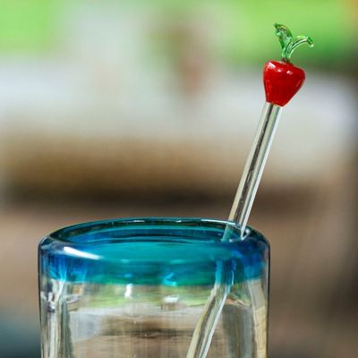 Alternate image for 2 Handblown Recycled Glass Drink Stirrers with Apple Design Red Apple Cheers