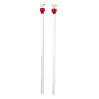 Alternate image for 2 Handblown Recycled Glass Drink Stirrers with Apple Design Red Apple Cheers