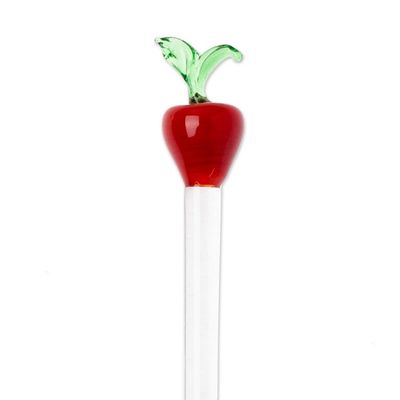 Alternate image for 2 Handblown Recycled Glass Drink Stirrers with Apple Design Red Apple Cheers