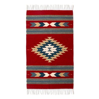 Alternate image for Artisan-Made Zapotec-Themed Russet and Blue Wool Rug 2.5x4 Russet Gem