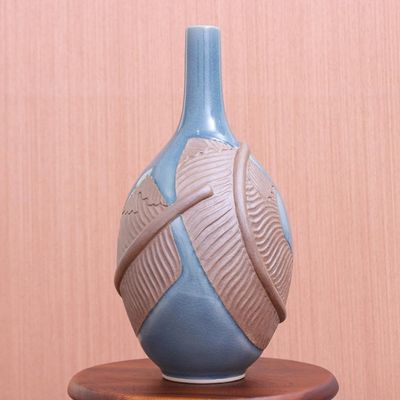 Alternate image for Hand Crafted Celadon Ceramic Banana Leaf Vase Blue Banana