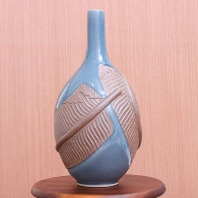 Alternate image for Hand Crafted Celadon Ceramic Banana Leaf Vase Blue Banana