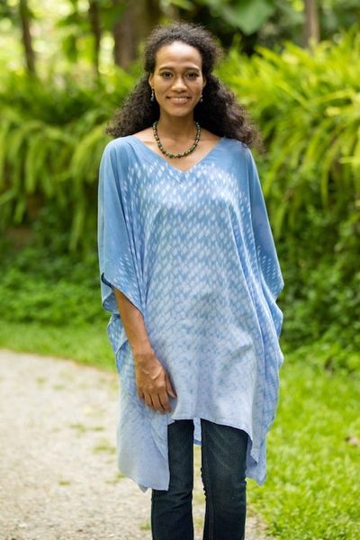 Alternate image for Tie-Die Rayon Caftan from Thailand Thai Rain in Light Blue