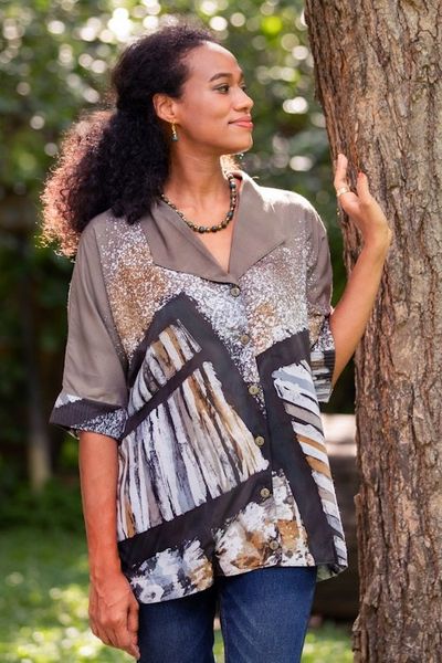 Alternate image for Hand-Painted Batik Cotton Buttoned Blouse Artist Abroad