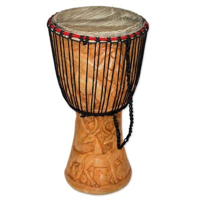 Alternate image for Djembe Drum with African Nature Carvings Peace Drum